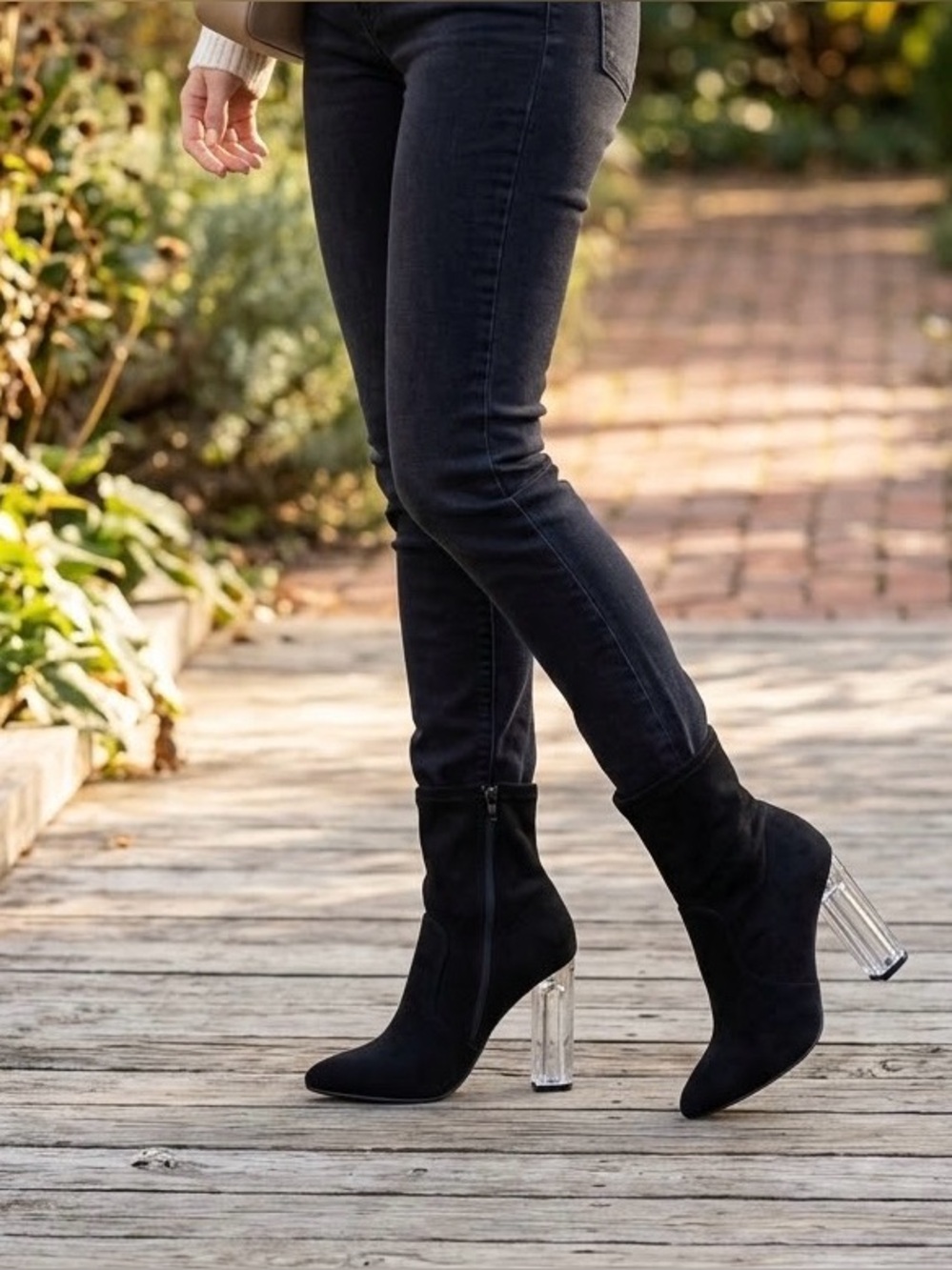 Fashion Nova Black Clear Lucite Heel Sock Ankle Boots, US 8 / EU 38